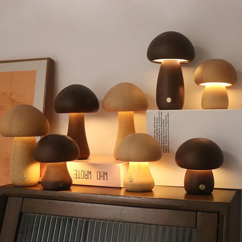 Walnut wood mushroom night light, an eco-friendly LED lamp for children's peaceful sleep.