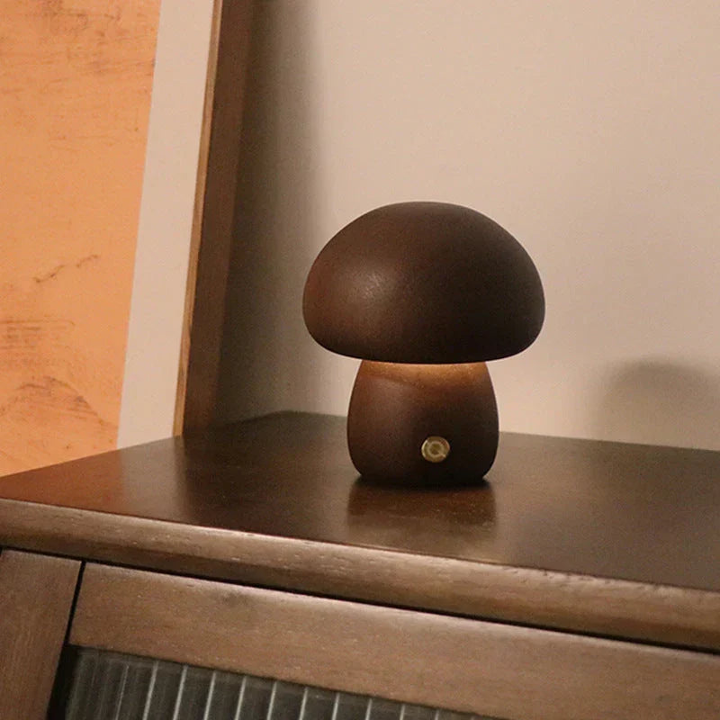 Gentle LED mushroom night light, wooden bedside lamp for kids, warm and soothing.