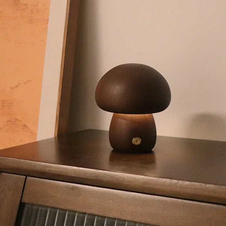 Gentle LED mushroom night light, wooden bedside lamp for kids, warm and soothing.