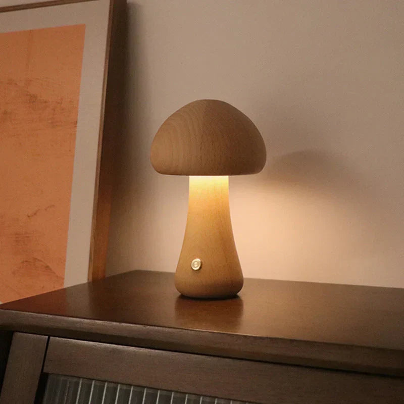 Cute mushroom LED lamp, wooden night light, perfect accent for kids' room decor.
