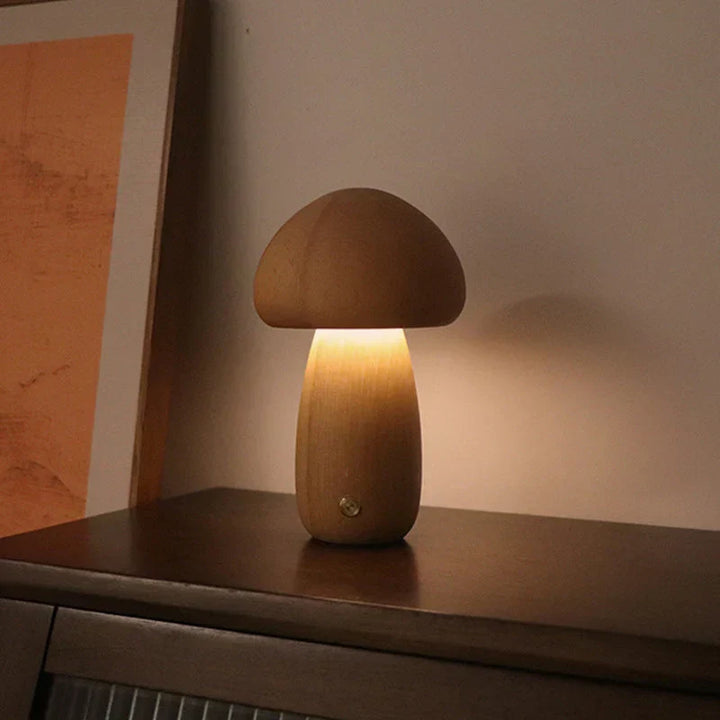 GlowShroom wooden LED night light, a cute mushroom lamp for magical kids' bedroom decor.