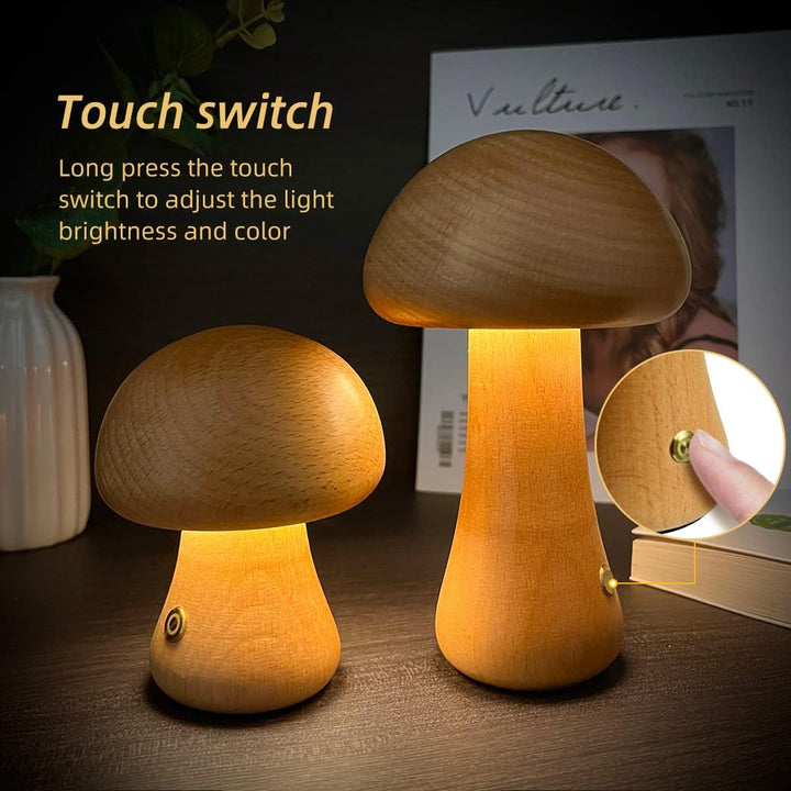 Mushroom LED night light, made from wood, provides a soft, warm glow for children.