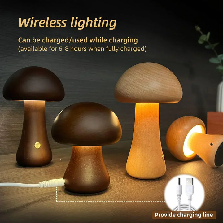 Charming wooden mushroom lamp, LED night light, perfect gift for kids' bedroom or nursery.
