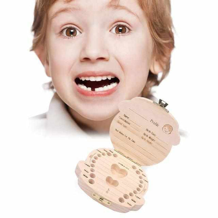 Children's wooden tooth fairy box for baby teeth, a cherished keepsake memory box for first tooth souvenirs.