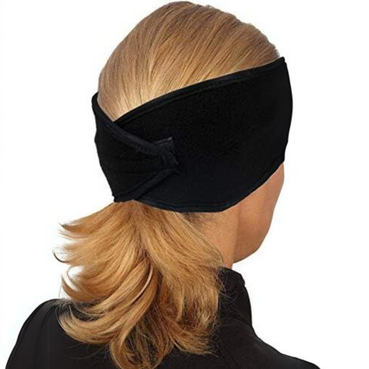 Three ChillTrio fleece ear muffs in black, grey, and navy blue with a coordinating headband