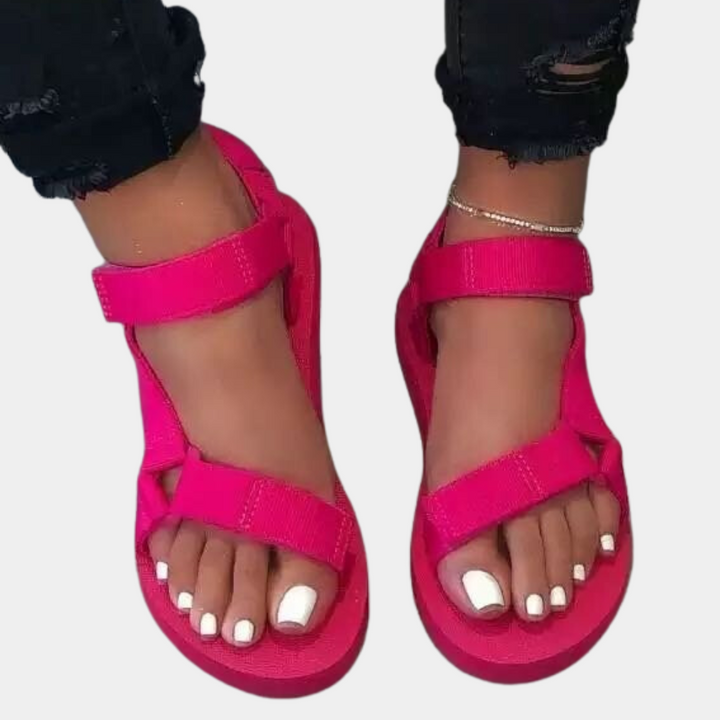 Closeup of multi-colored vegan leather straps on Chloe comfort sandals for women
