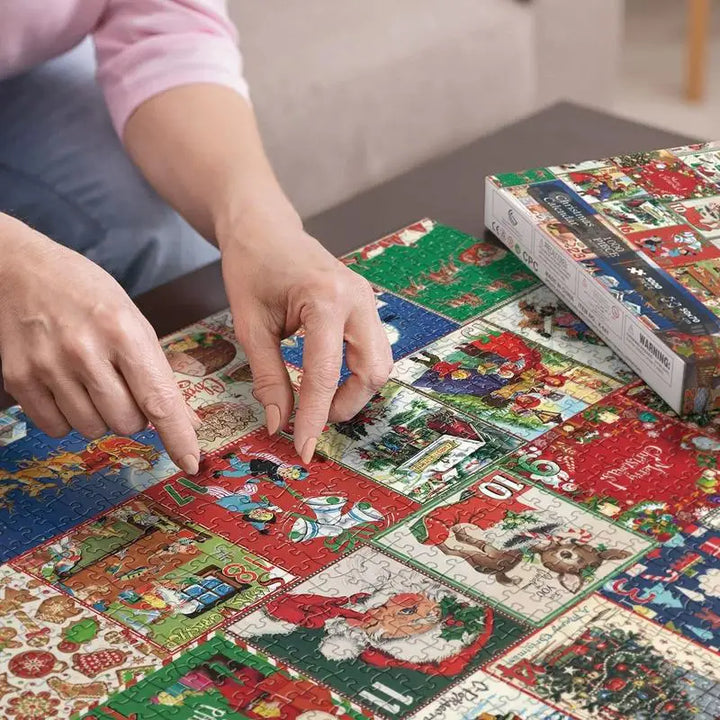 Festive Christmas Advent Calendar box, 24 doors revealing parts of a 1000-piece holiday puzzle.