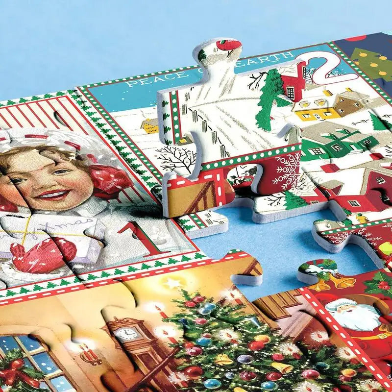 Family laughing while assembling a 1000-piece Christmas puzzle, a joyful holiday activity from the Advent Calendar.