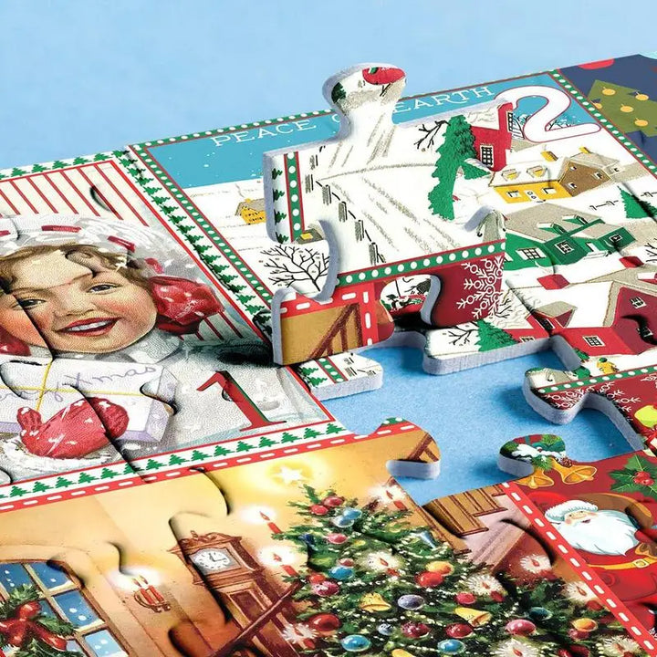 Family laughing while assembling a 1000-piece Christmas puzzle, a joyful holiday activity from the Advent Calendar.