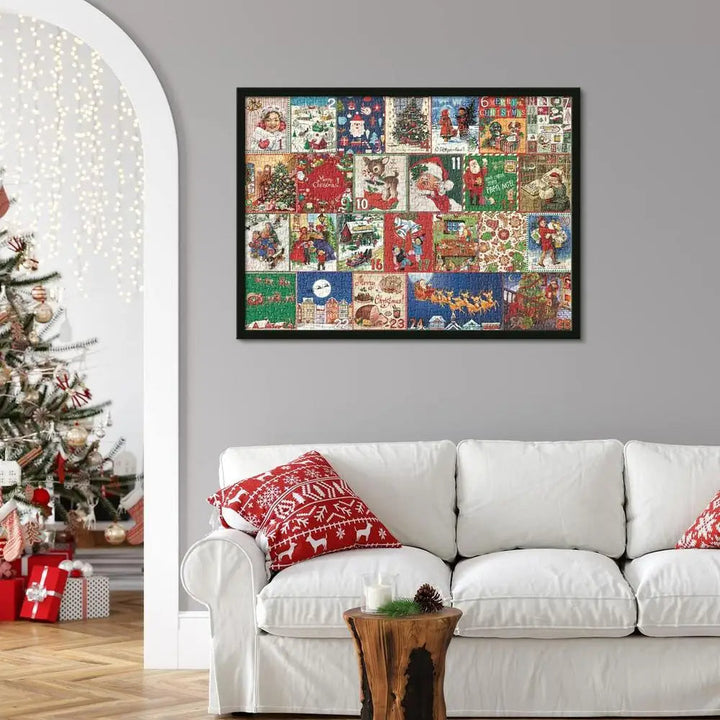 Close-up of colorful Christmas puzzle pieces, part of a 1000-piece festive Advent Calendar for holiday fun.