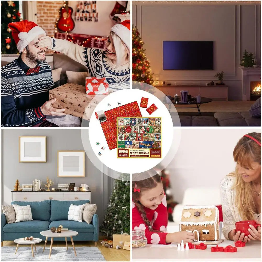 Showcasing the Christmas Puzzle Advent Calendar alongside the completed 1000-piece festive holiday puzzle.