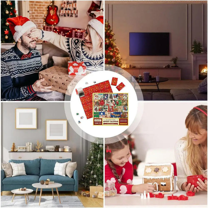 Showcasing the Christmas Puzzle Advent Calendar alongside the completed 1000-piece festive holiday puzzle.