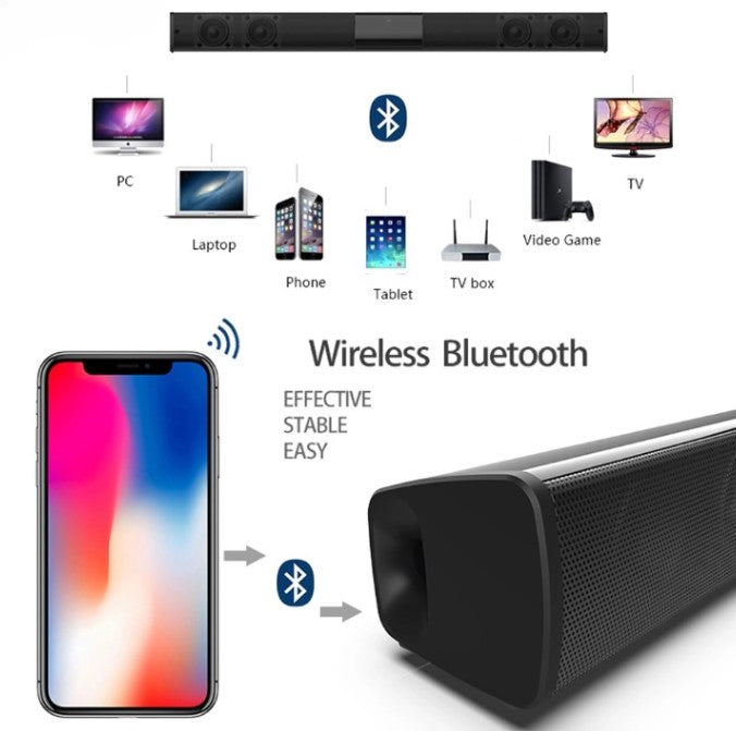 Close-up of CineWave Bluetooth soundbar speaker, showcasing controls and portable design.