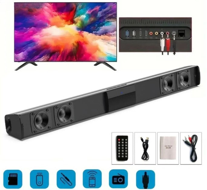 CineWave wireless Bluetooth soundbar speaker with FM radio, USB, & stereo sound for home theater setup