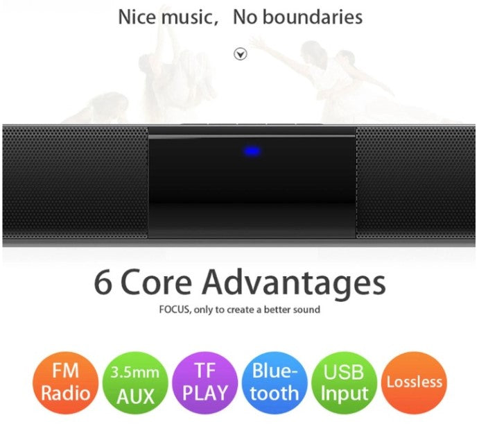 Close-up of CineWave wireless soundbar speaker, showcasing controls and USB input for audio playback