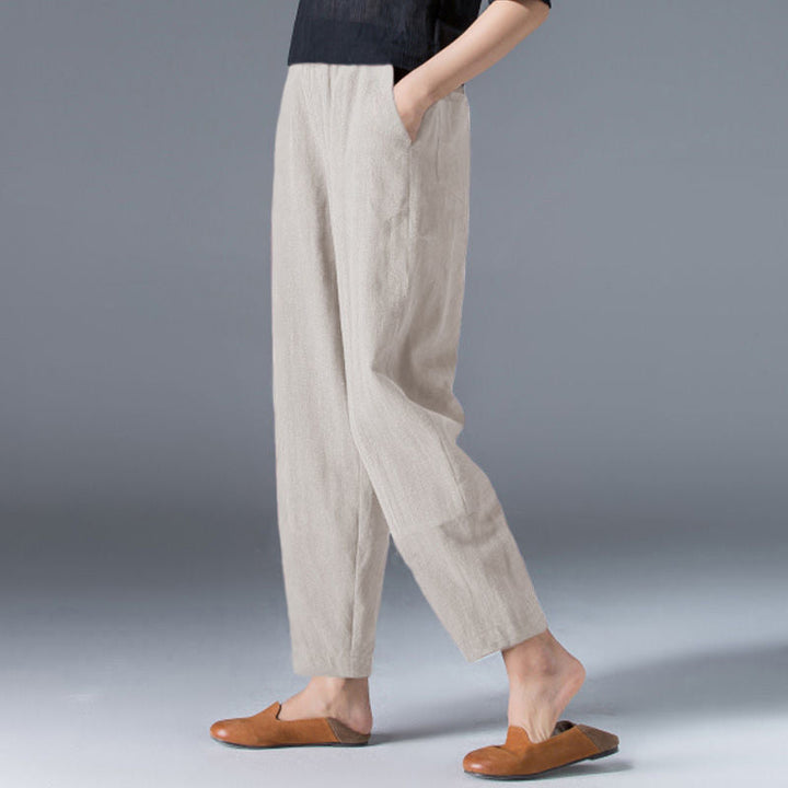 Breathable women's linen-cotton summer trousers, Clara design, elastic waistband