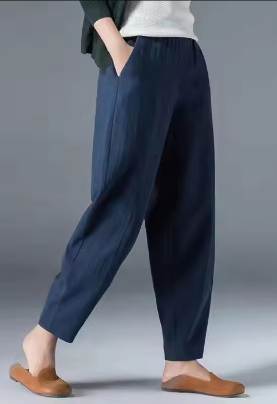 Clara women's casual linen-cotton trousers, elastic waist, breathable summer fashion