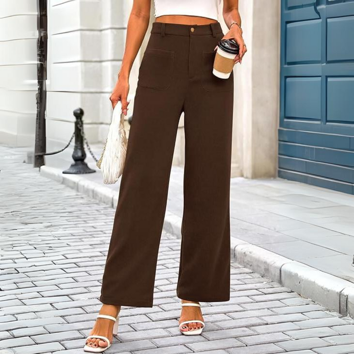 Clarissa women's high waist wide leg palazzo pants in black with pockets, front view, for casual wear or work