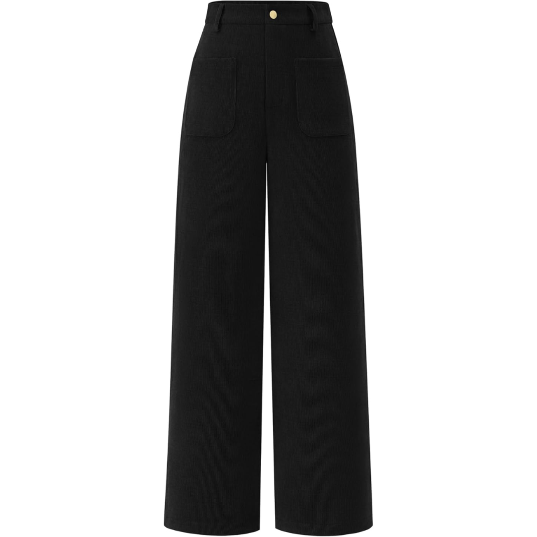 Elegant women's high waist wide leg palazzo pants, styled with a blouse, perfect for a chic work look