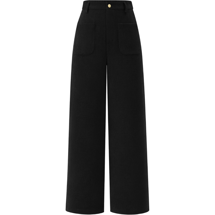 Elegant women's high waist wide leg palazzo pants, styled with a blouse, perfect for a chic work look