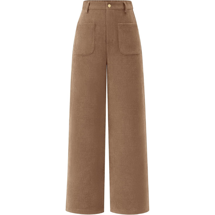Clarissa women's palazzo pants, high-waisted with wide legs and practical pockets, comfortable for everyday wear