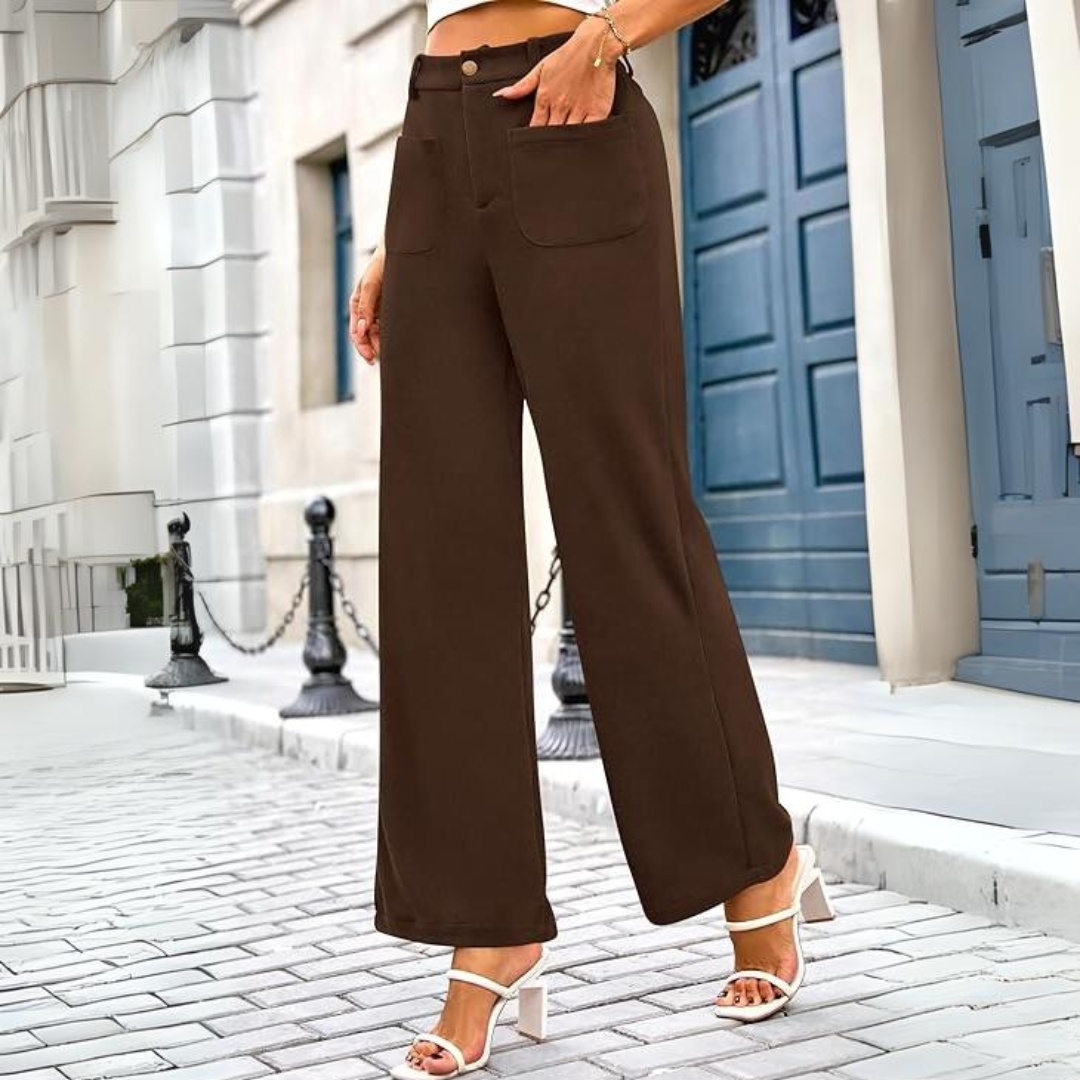 Casual women's wide leg pants with a high waist and functional pockets, demonstrated in a soft beige fabric