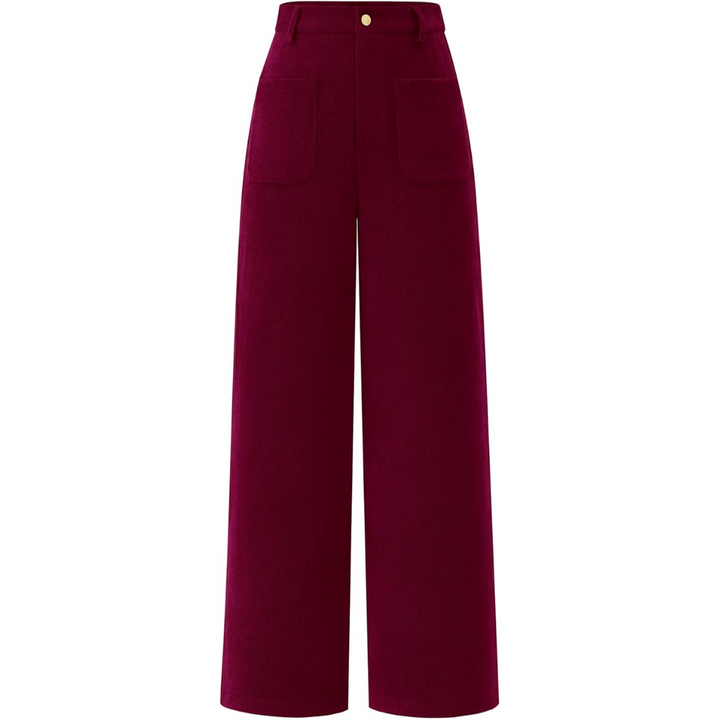 Close-up of the fabric and pocket detail of women's high waist wide leg palazzo pants, showcasing quality