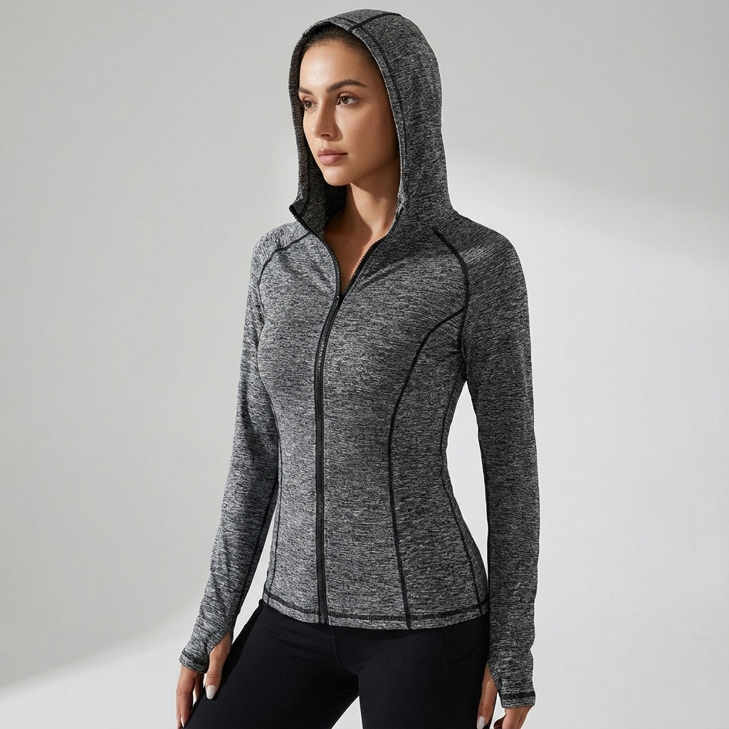 Hooded activewear jacket for women, Clarissa style, ideal for autumn workouts.