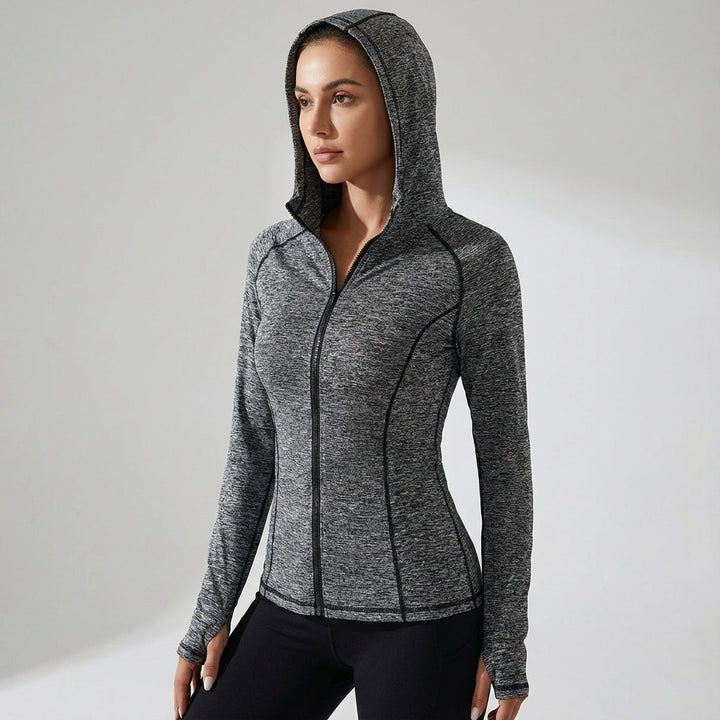 Hooded activewear jacket for women, Clarissa style, ideal for autumn workouts.