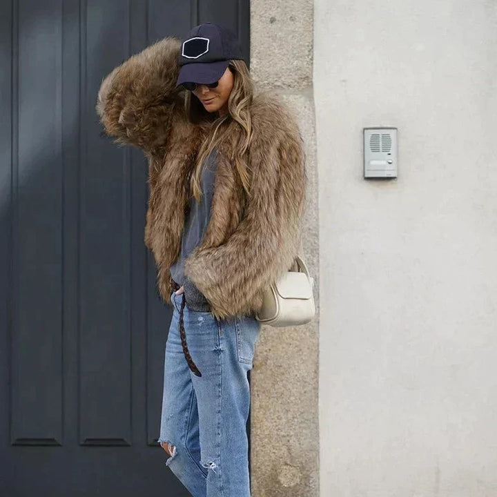 Clarisse women's luxe plush fur coat. Elegant, warm winter outerwear for sophisticated style.