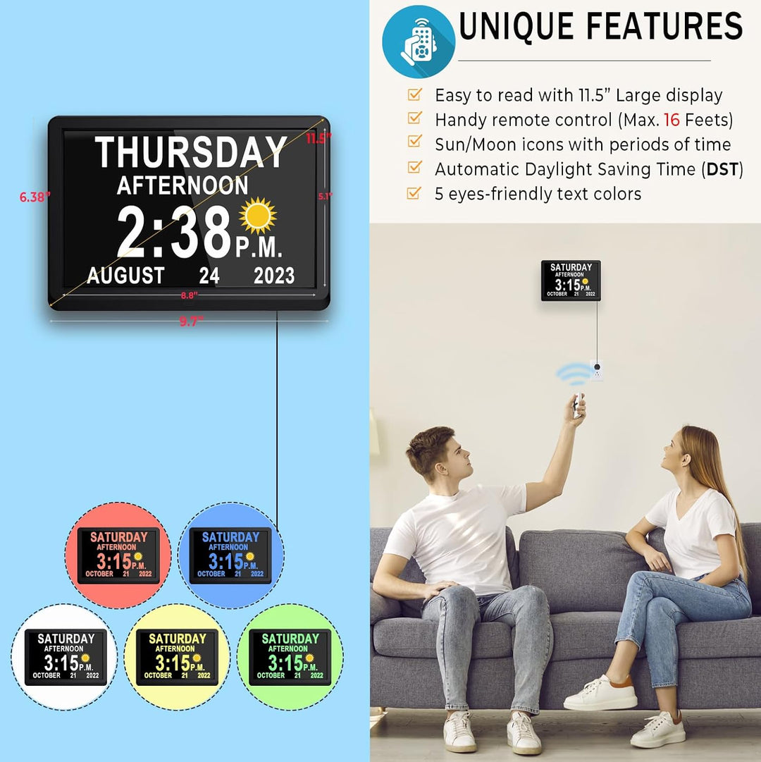 Unisex 11.5-inch digital calendar day clock, ideal for vision impaired