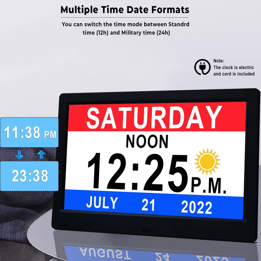 Claryon day clock for dementia support, displaying day, date, time, and 19 personalized daily alerts.