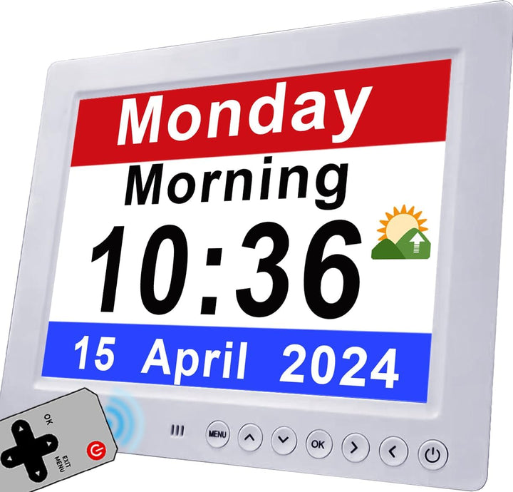 Senior care digital clock, 19 reminders for medication & appointments, enhancing independence.