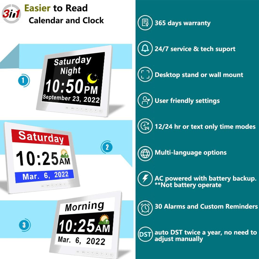 Black 11.5-inch digital calendar day clock, a helpful dementia aid