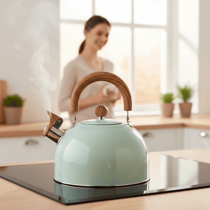 Stainless steel 3 liter whistling tea kettle, ideal for boiling water on gas, electric & induction stovetops.