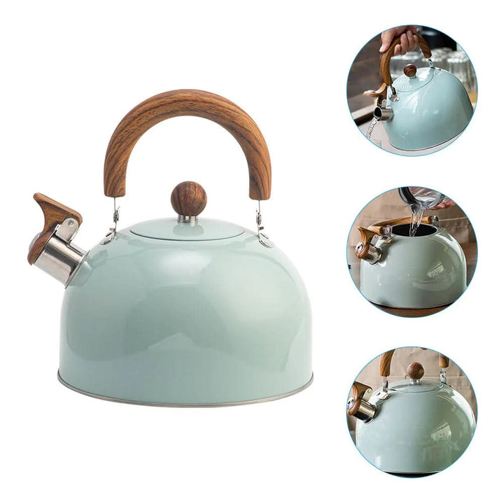 Versatile 3 liter whistling tea kettle in stainless steel, safe for gas, induction & electric stovetops.