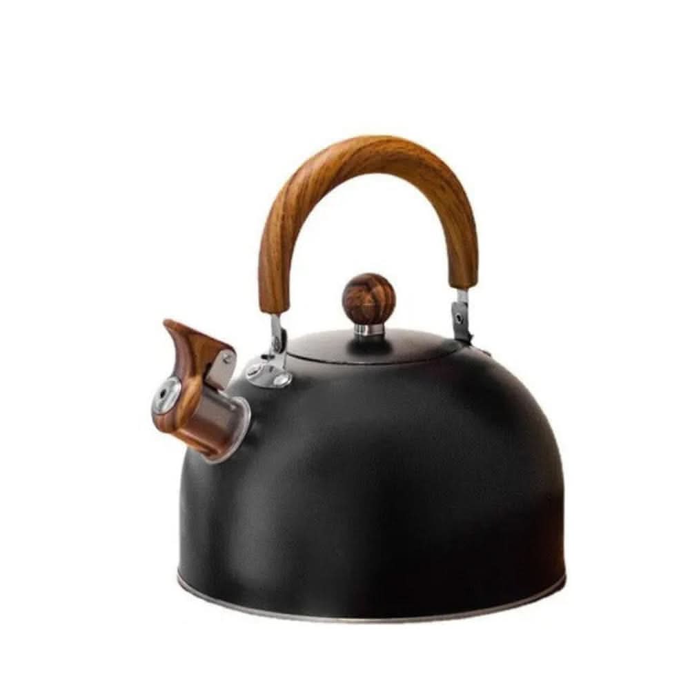 Whistling 3L tea kettle in polished stainless steel, signaling when water is ready for tea, coffee, or cocoa.
