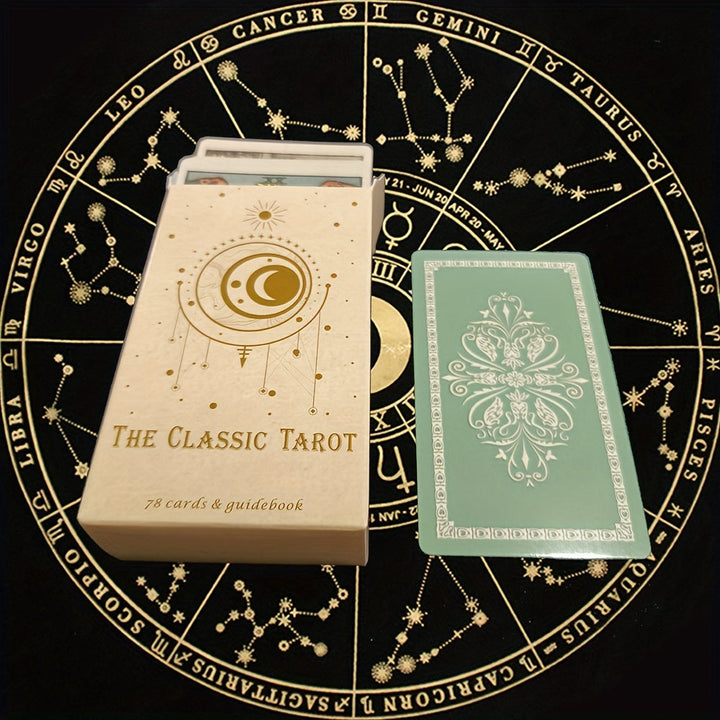 Illustrated guidebook for the classic 78-card tarot deck, aiding self-discovery and mystical insights.