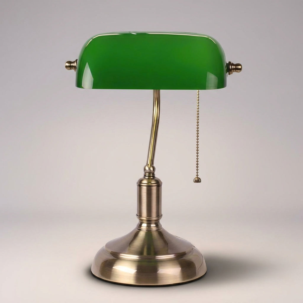 LuxeGlint Classic Banker Lamp, a timeless desk light with adjustable green glass shade for ambient lighting