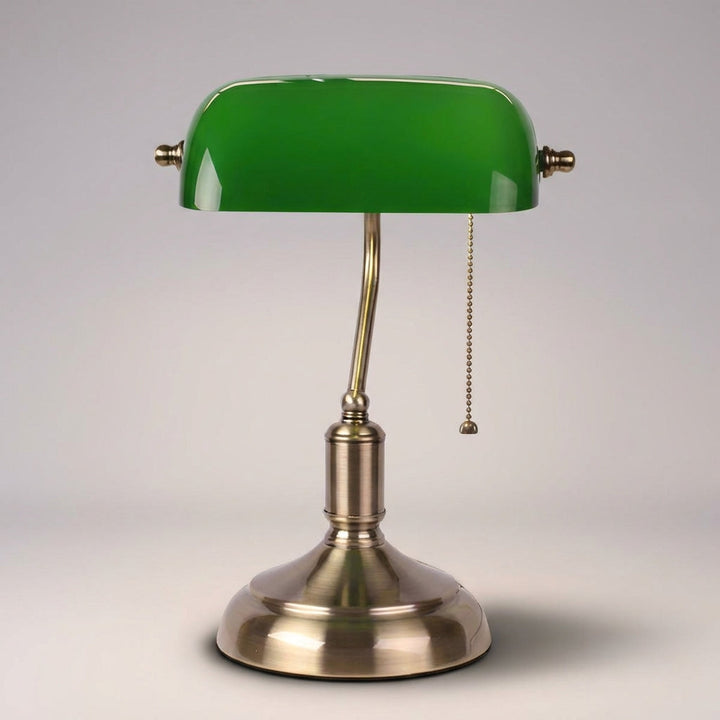 LuxeGlint Classic Banker Lamp, a timeless desk light with adjustable green glass shade for ambient lighting