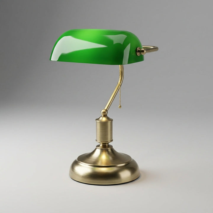Close-up of Classic Banker Lamp with detailed metal base and traditional green glass shade, home decor