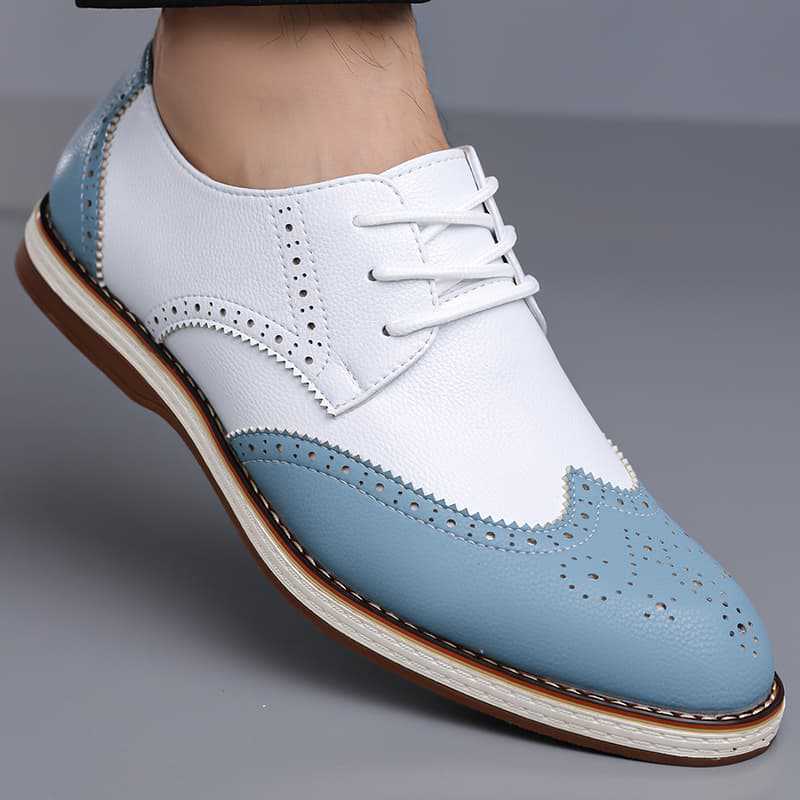 Men's brogue dress shoes styled with smart casual attire. Versatile comfort footwear for modern men's fashion.