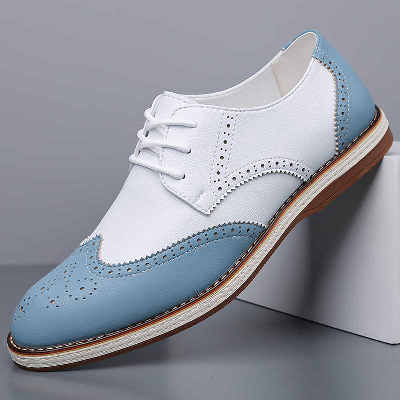 Man walking in comfortable men's brogue dress shoes. Ideal formal footwear for all-day office comfort.