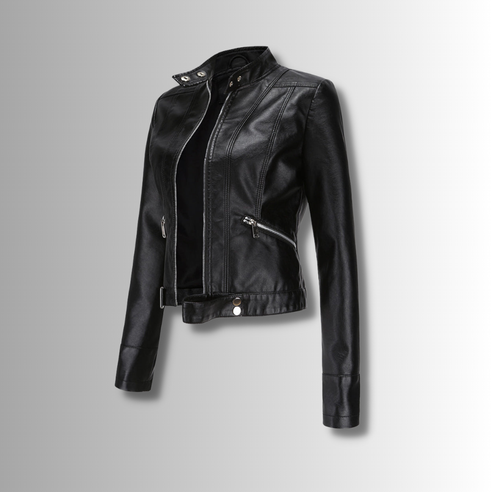 Classic black leather jacket for women, elegant & versatile. Perfect ladies outerwear for autumn & spring.