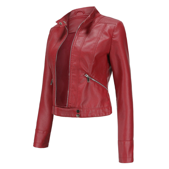 Elegant women's classic leather jacket, perfect transitional outerwear. Versatile ladies fashion.