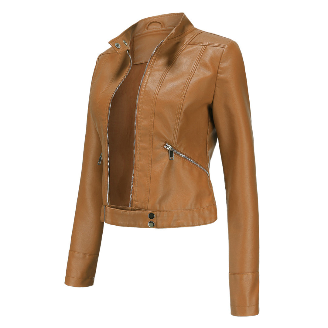 Classic women's leather jacket, elegant design for autumn & spring fashion. Versatile ladies outerwear.