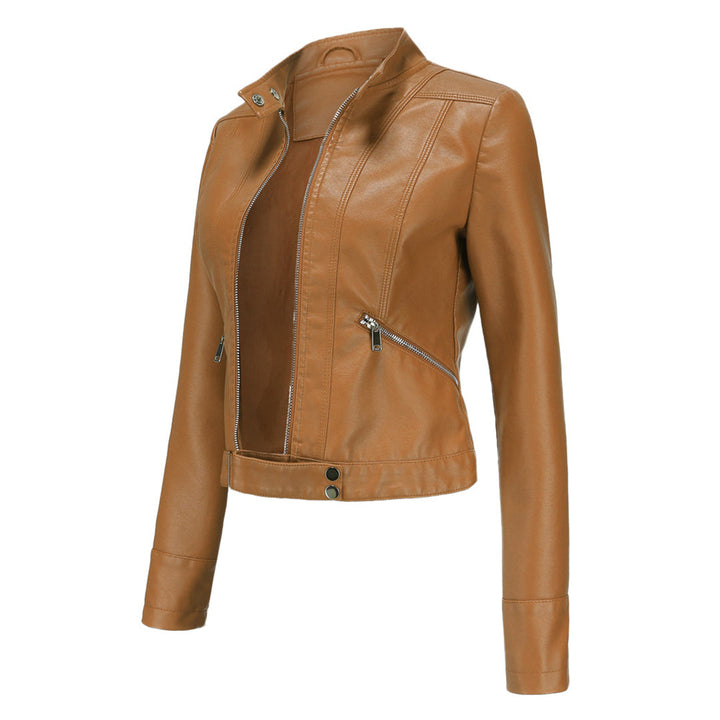 Classic women's leather jacket, elegant design for autumn & spring fashion. Versatile ladies outerwear.