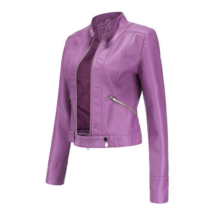 Women's elegant leather jacket, a versatile classic for transitional outerwear. Stylish ladies fashion.