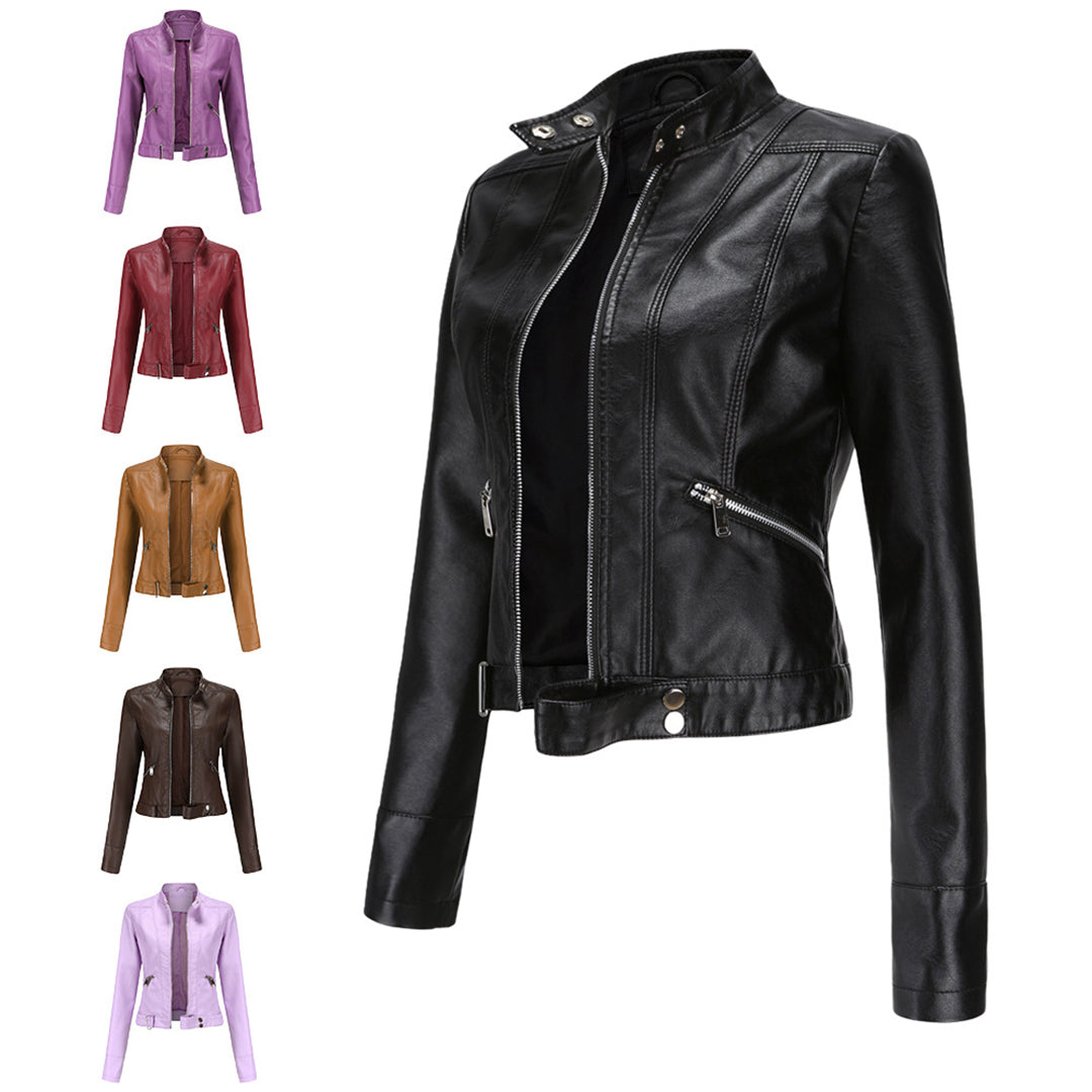 Versatile classic women's leather jacket, chic for autumn & spring. An elegant ladies statement piece.