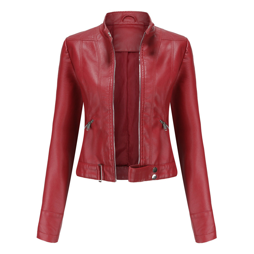 Elegant women's classic leather jacket, a versatile statement piece for any outfit. Ladies apparel.